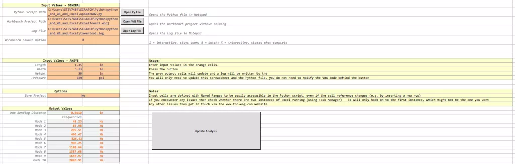 Excel worksheet to drive ANSYS and extract results